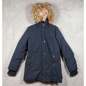 Lauren Ralph Lauren Hooded Parka Faux Fur Trim Navy Blue Women's L Winter